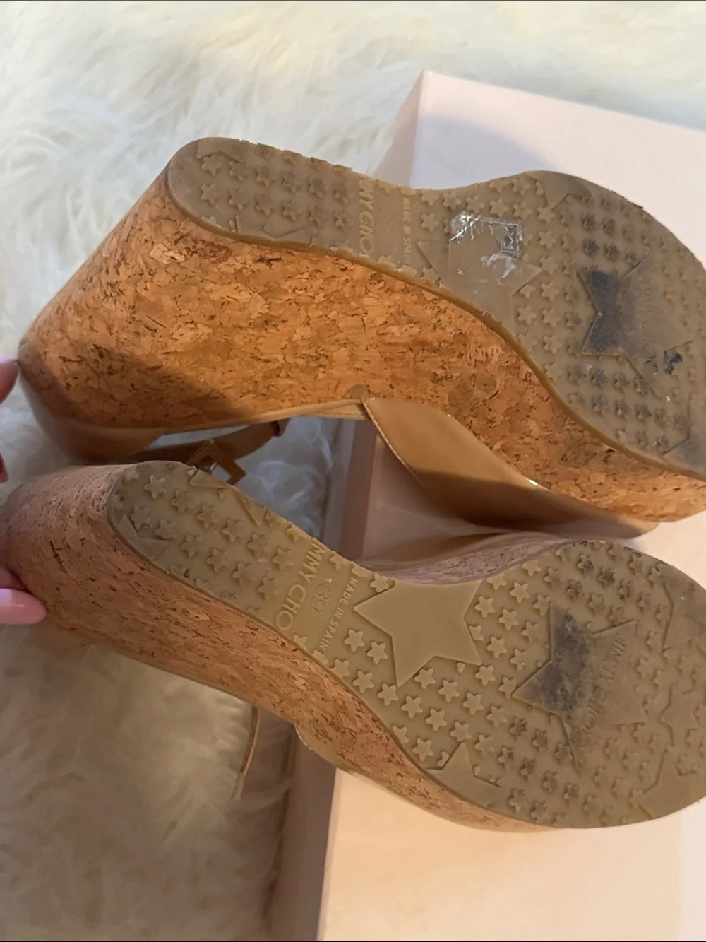 Wedge Platform Sandal in Beige Patent with Cork Heel t strap by Jimmy choo